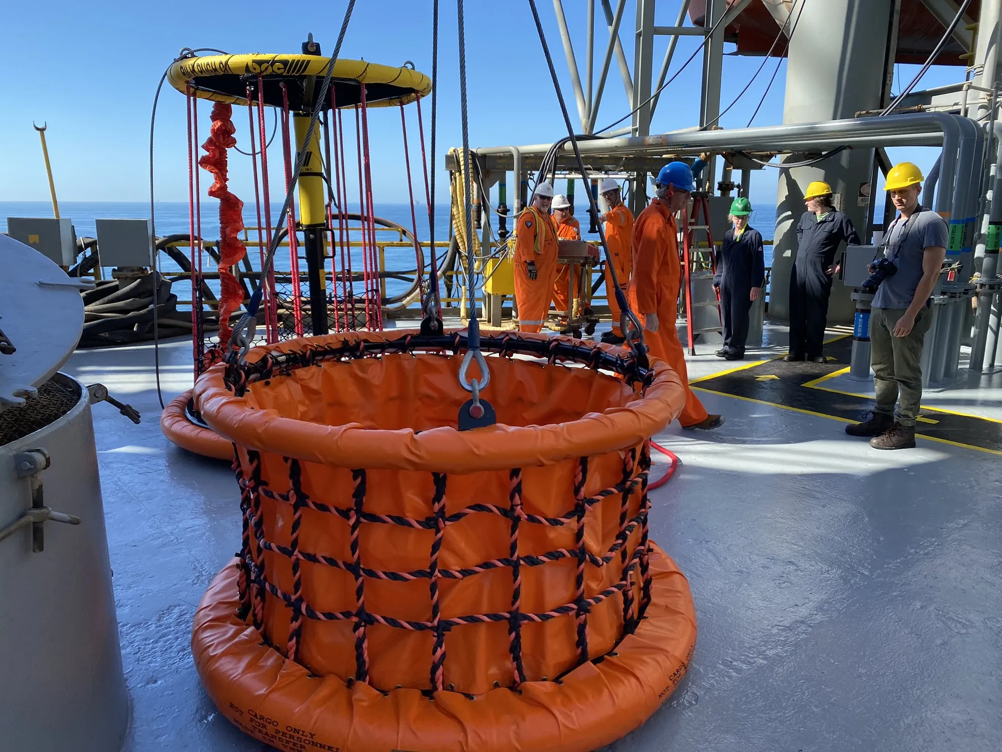 X-8CB collapsible cargo basket loaded on an offshore deck